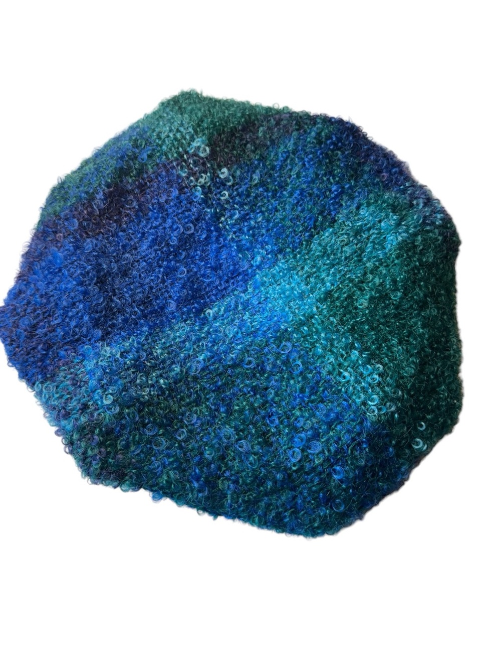 Vintage Thin Textured Handmade Knit Beret in Deep Teal & Royal Blue OS